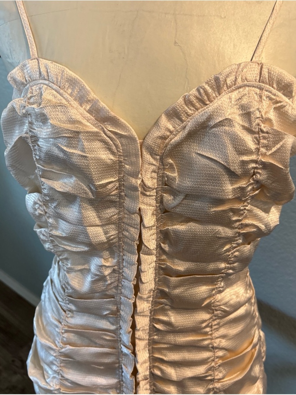 A.E.LY Ruched Bodycon Mini Dress Satin Cocktail Party Champagne Size L